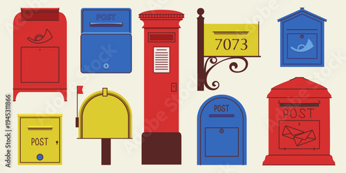 Diverse collection of international post boxes in red, blue, and yellow colors