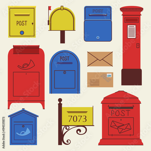 Diverse collection of international post boxes in red, blue, and yellow colors
