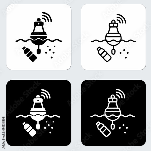 Ocean plastic pollution sensor buoy icon set, marine environmental monitoring line art and solid vector symbols
