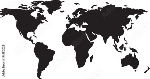 Vector world map silhouette, black isolated PNG with Transparent Background