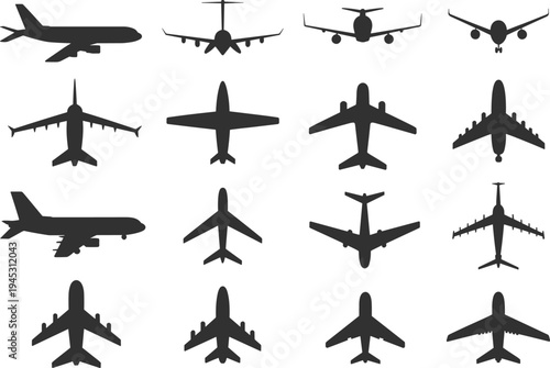 Airplane silhouettes collection, commercial passenger aircraft top and front views set, aviation transport vector illustration isolated