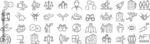 ベクターでモノクロのリーダーシップに関する線画アイコンセット
