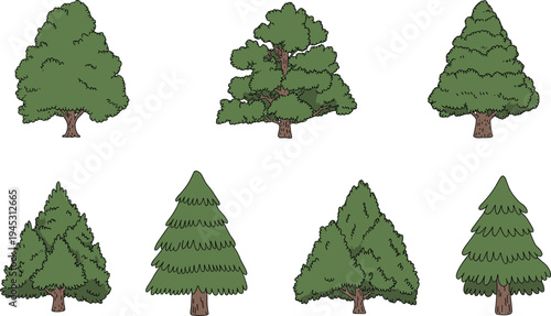Cartoon green trees collection, forest pine and deciduous tree set, nature landscape plant vector illustration isolated