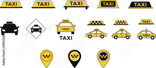 Taxi Service Icons Set Yellow Cab Transport Sign Vehicle Transportation Vector Illustration