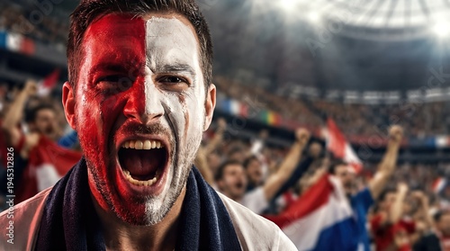 Man with red and white face paint shouting while watching soccer stadium game. Passionate fan supporting national team