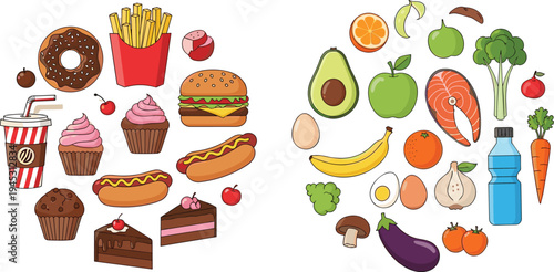 Healthy and Unhealthy Food Icons Set Fruits Vegetables Fast Food Desserts Collection Vector Illustration