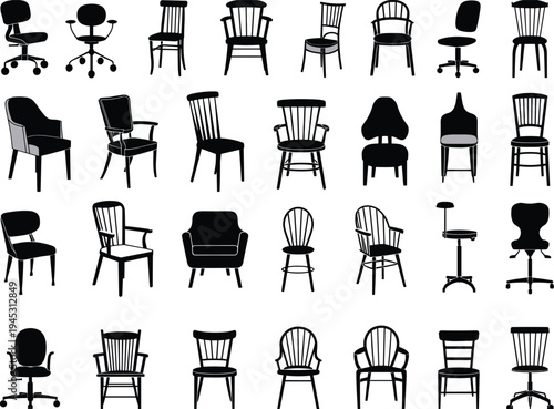 Chair silhouettes collection, office and dining furniture seats set, classic wooden and modern swivel chair vector illustration