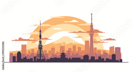 Tokyo Tower Skyline Sunset Illustration