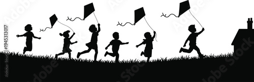 Children flying kites silhouette scene, happy kids running on grass field near house, playful childhood outdoor activity illustration