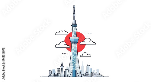 Minimalist illustration of Tokyo city skyline with red sun and clouds