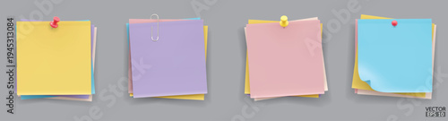 Set of Realistic blank sticky notes isolated on grey background. Multicolor sheets of note papers. 3D Vector illustration.