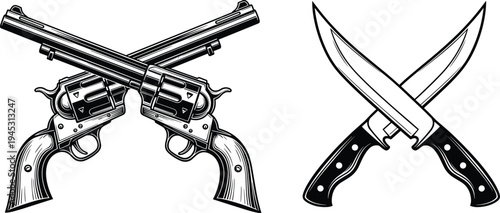 Crossed Revolver Pistols and Knives Vintage Style Vector Illustration
