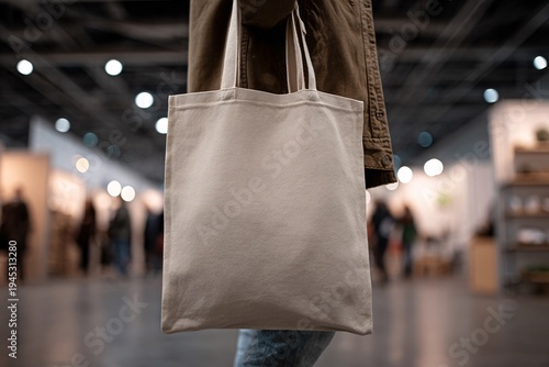 Person holding a blank canvas tote bag at an indoor event, retail exhibition