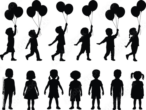 Children with balloons silhouette collection, happy kids walking and standing poses, childhood celebration vector illustration isolated set
