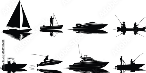 Collection of boat and fishing silhouettes including sailboat, motorboat, yacht, kayak, jet ski with water reflections isolated vector set