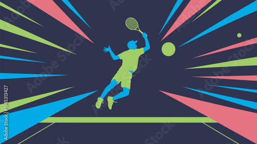 A vibrant illustration of a tennis player in mid-air, hitting a ball with a racket on a colorful court