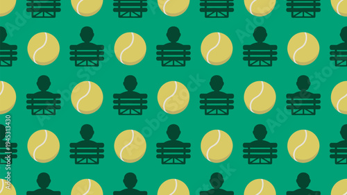 A vibrant pattern of tennis balls and people sitting on benches on a green background