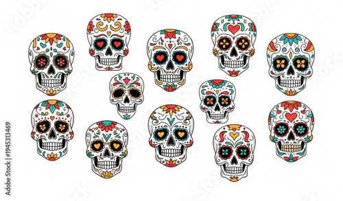 Decorative sugar skull collection for Dia de los Muertos with colorful calavera designs