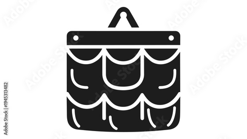Black hanging storage pocket with white lines on a white background