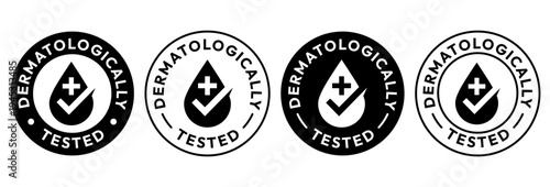 Set dermatologically tested with water drop, tick, mark, hand, icon, label, logo, badge, line, vector, isolated. Dermatology test, dermatologist, clinically proven, sensitive skin, skincare symbols.