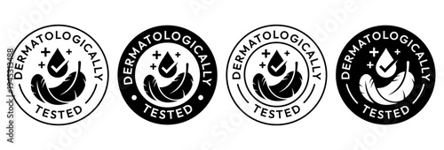 Set dermatologically tested with water drop, tick, mark, hand, icon, label, logo, badge, line, vector, isolated. Dermatology test, dermatologist, clinically proven, sensitive skin, skincare symbols.