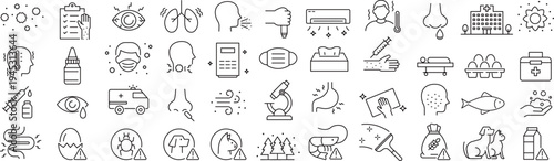 ベクターでモノクロのアレルギーに関する線画アイコンセット
