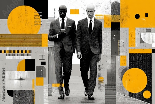 Two businessmen walking in suits with smartphone in modern abstract geometric composition