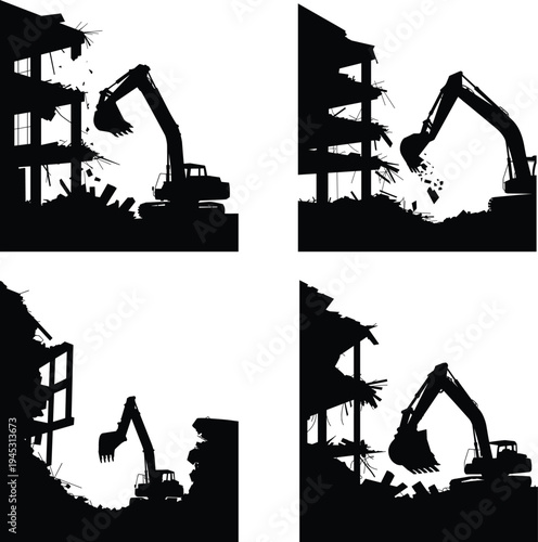 Building demolition process silhouettes showing hydraulic excavator breaking down concrete structures