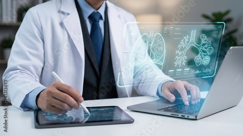 lungs doctor medical technology pulmonary respiratory hologram. A professional physician using advanced digital tools and AI for pulmonary health diagnosis and research.