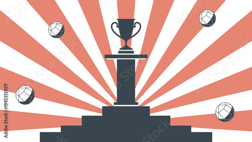 A black trophy sits atop a pedestal with a red and white background and soccer balls floating around it.
