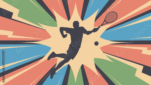 A dynamic illustration of a tennis player in action with a vibrant colorful background