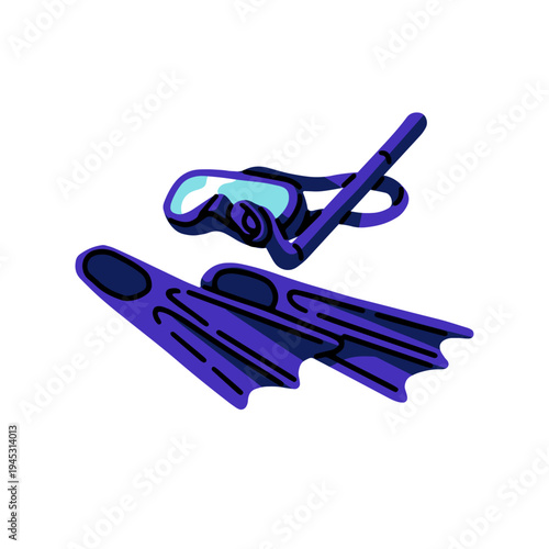Blue snorkel goggles and flippers. Scuba mask, glasses for diving. Divers equipment for swimming underwater. Sea travel tools for snorkeling. Flat isolated vector illustration on white background