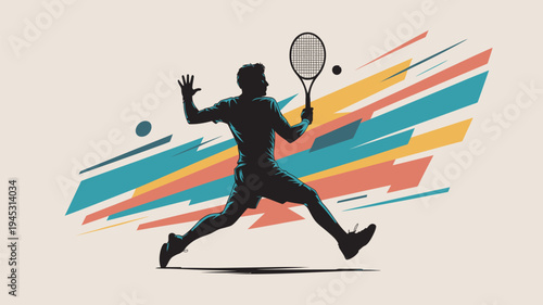 A dynamic illustration of a tennis player in action with a colorful abstract background
