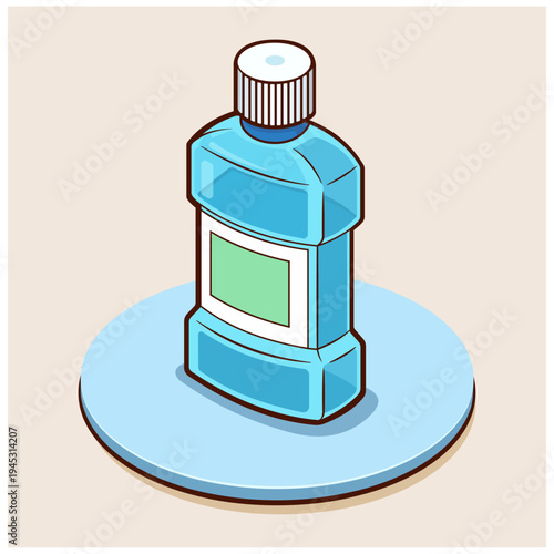 Isometric Cartoon Illustration of Blue Mouthwash Bottle with Green Label on Light Blue Round Base and Beige Background