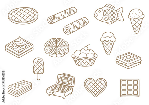 Set of Viennese waffles, chocolate cone. Delicious crispy soft sweets, realistic isolated vector food illustration. For menu, cafe, stickers, design elements. Vector 
