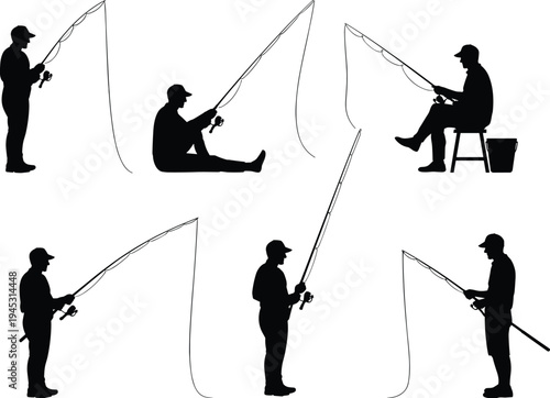 Fishing activity silhouettes set, anglers with fishing rods standing sitting and casting line, outdoor recreation and hobby concept