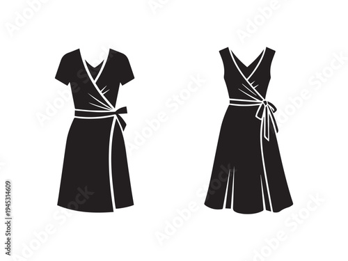 Black and white silhouettes of two elegant short and long sleeved wrap dresses with belts  simple fashion illustrations