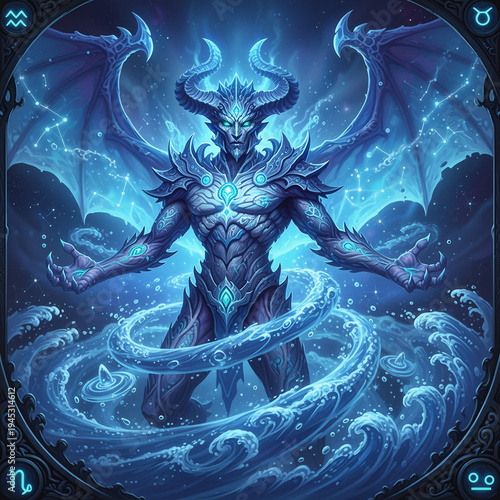 Mythical Water Demon with Dragon Wings Controlling Ocean Waves – Dark Fantasy Zodiac Artwork