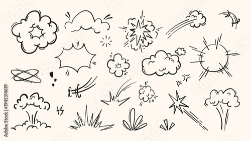 Dynamic comic book action emphasis with explosive cartoon effects, vector set isolated on white. Super hero power line icons, motion burst elements, doodle manga illustrations, anime pattern