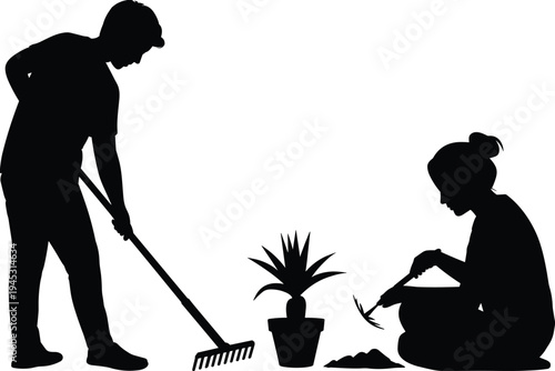 Gardening people silhouette scene, couple planting flowers with rake and shovel, home garden work vector illustration isolated