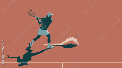 A tennis player in action hits a ball on a clay court with a racket.