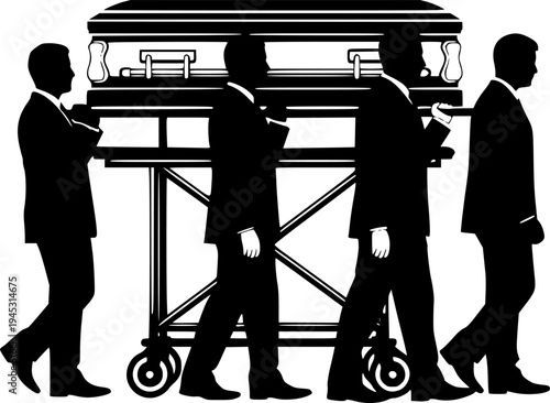 Solemn Funeral Procession Silhouette - Men in Suits Carrying Casket, Dignified Burial Ceremony Vector