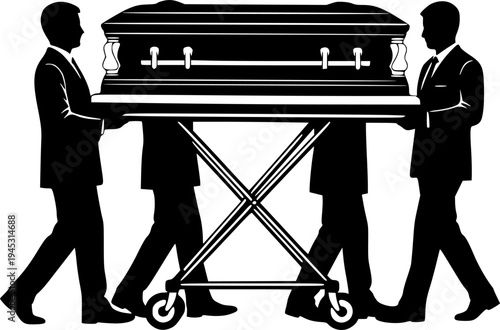 Solemn Funeral Procession Silhouette - Men in Suits Carrying Casket, Dignified Burial Ceremony Vector