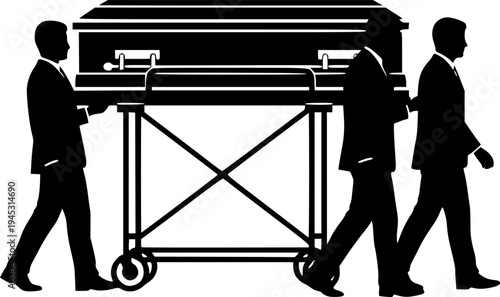 Solemn Funeral Procession Silhouette - Men in Suits Carrying Casket, Dignified Burial Ceremony Vector