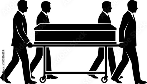 Solemn Funeral Procession Silhouette - Men in Suits Carrying Casket, Dignified Burial Ceremony Vector