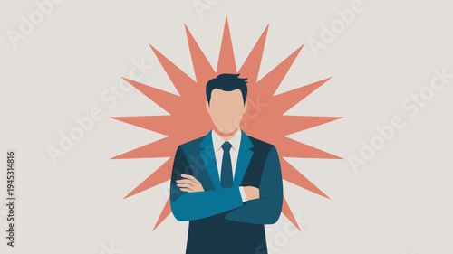 A confident businessman standing in front of a bold red starburst, symbolizing innovation and success in the corporate world.