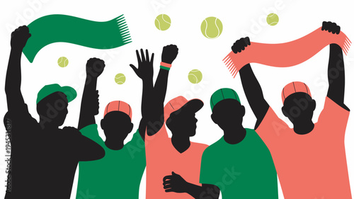 A group of people cheering and holding up scarves at a tennis match with excitement and enthusiasm.