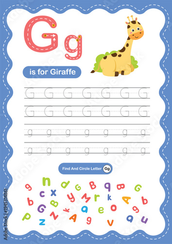 Alphabet Letter G Tracing Worksheet for Kids, Preschool and Kindergarten Handwriting Practice, G is for Giraffe ABC Learning Printable