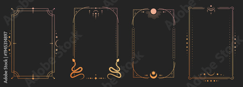 Mystical tarot card back with celestial sun, moon and stars in ornate golden frame, vector illustrations. Esoteric borders with magic symbols, spiritual snake patterns for horoscope design.