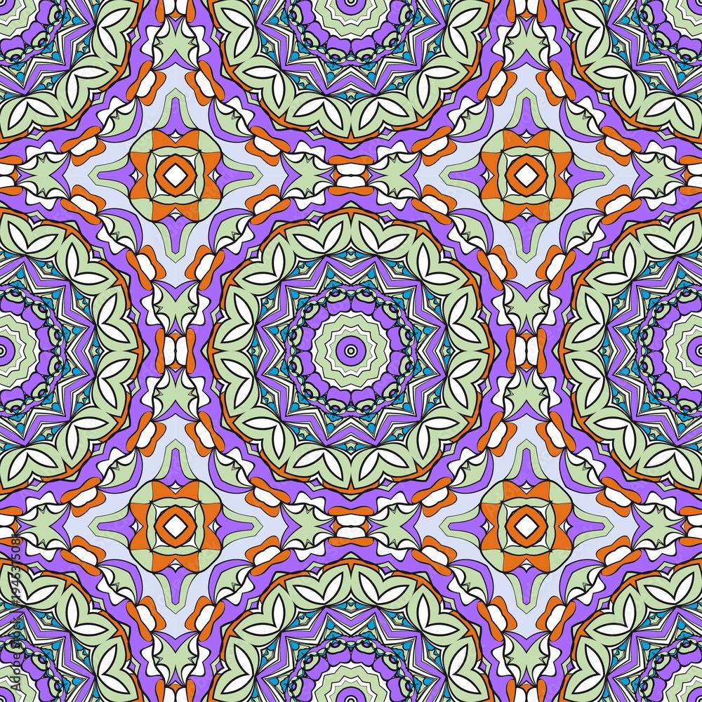 Fototapeta premium Soft circular mandala shapes in lilac, teal and peach form a harmonious seamless pattern, perfect for boho textiles, wallpapers, packaging and modern digital backgrounds.